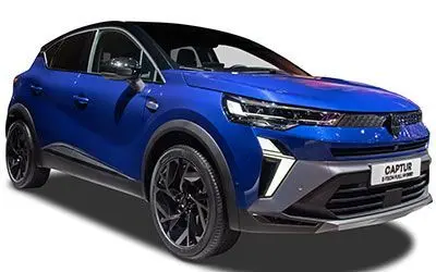 Renault Captur 2025 bleu Iron en 3/4 avant droit avec toit noir étoilé et jantes noires distinctives