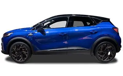 Profil droit du Renault Captur 2025 bleu Iron avec toit noir étoilé et jantes noires distinctives