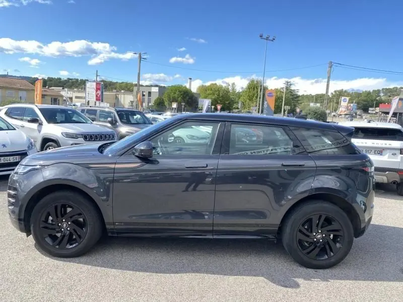 Vue latérale droite d'un Range Rover Evoque 2019 gris foncé métal avec jantes noires, garé en extérieur.