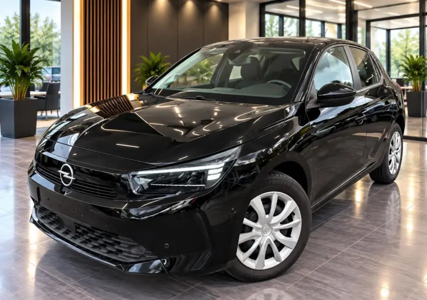 Opel Corsa 1,2 100 CV Edition noir karbon vue 3/4 avant droit en intérieur avec jantes argentées.
