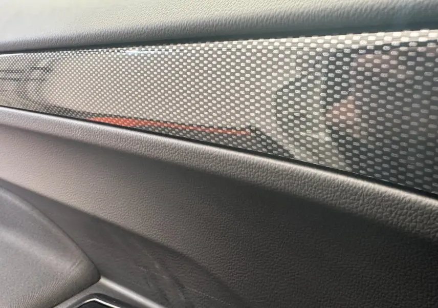 Détail intérieur montrant la garniture en carbone et le revêtement noir de la porte côté conducteur de l'AIXAM AMBITION 0.5 CITY GTO.