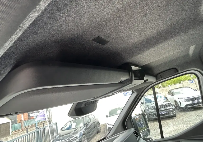 Vue intérieure côté droit du coffre de pavillon noir dans un Renault Master blanc, avec vue partielle sur l'extérieur.