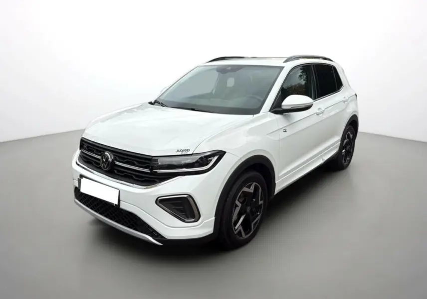 Volkswagen T-Cross TSI 116 DSG7 R-Line blanc pur vu en 3/4 avant avec jantes alu noires et barres de toit.