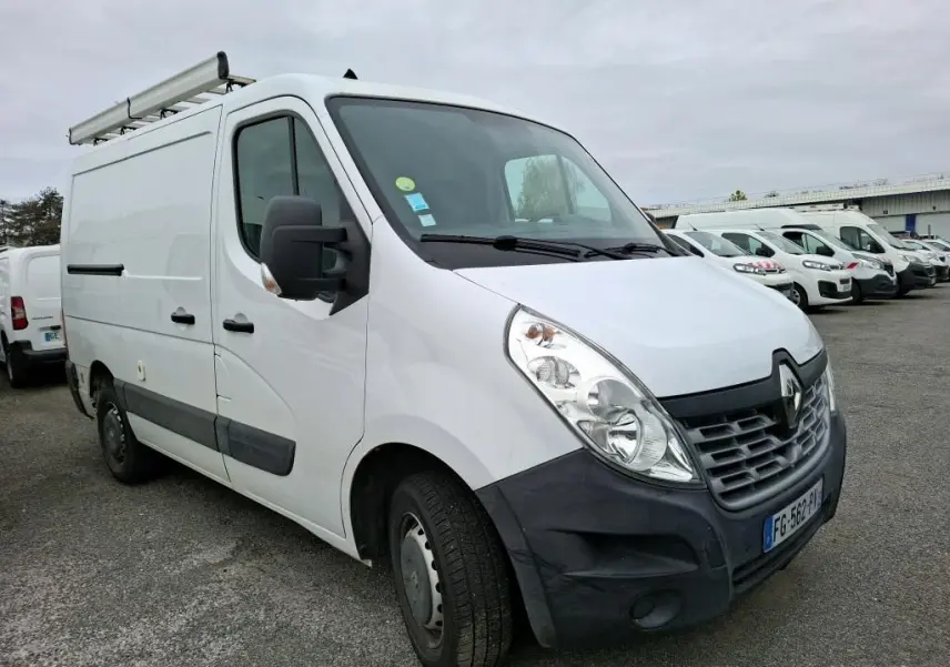 Renault Master blanc en vue 3/4 avant droit, fourgon utilitaire avec galerie de toit et pare-chocs noir.