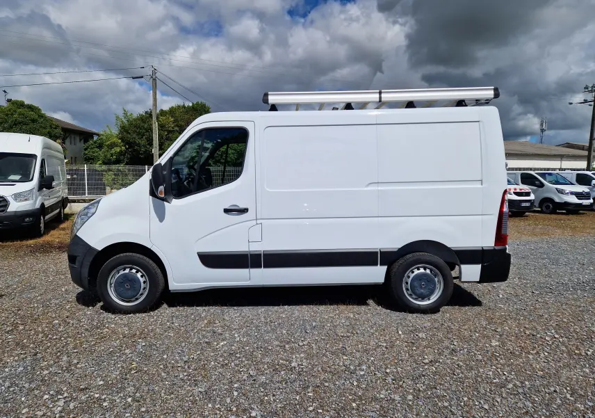 Renault Master blanc en vue profil côté gauche, fourgon utilitaire avec galerie de toit et jantes acier.