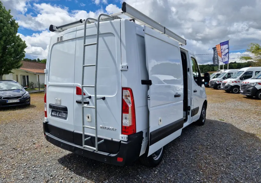 Vue 3/4 arrière droite d’un Renault Master blanc 2019 avec galerie et échelle métallique sur porte arrière.