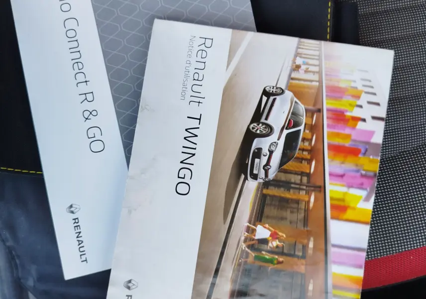 Vue de profil droit d'une Renault Twingo blanche Cristal avec bande noire distinctive sur la porte, en milieu urbain coloré.