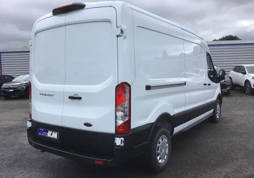 Vue 3/4 arrière droite d'un Ford Transit Fourgon blanc 2023 avec hayon arrière fermé et protections noires.