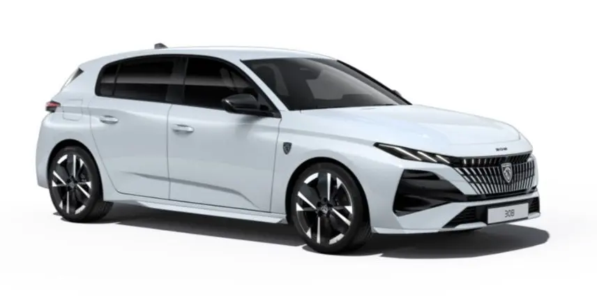 PEUGEOT 308 hybride blanc Okenite vue 3/4 avant droit avec calandre distinctive et jantes noires.