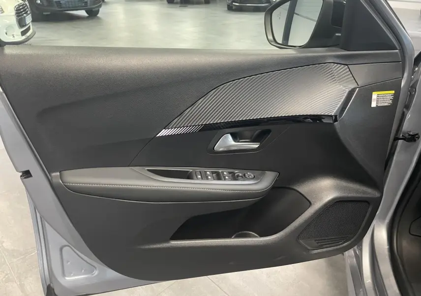 Porte avant gauche ouverte de la Peugeot 208 gris Artense, avec garniture noire et insert effet carbone.