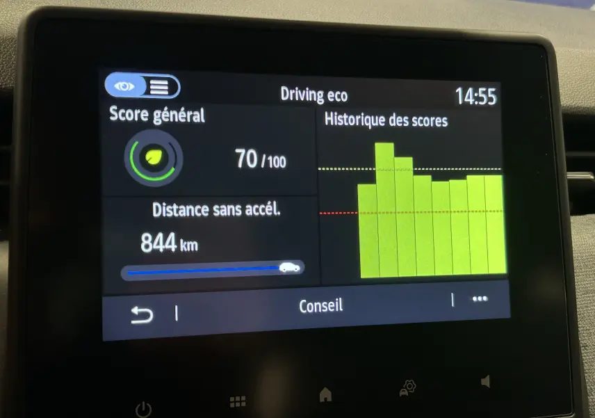 Écran central de la Renault Clio V noir montrant le score eco de conduite et l'historique des scores en graphique.