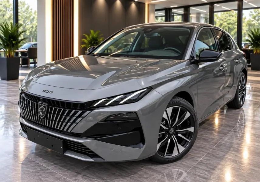 Peugeot 408 gris sélénite vue 3/4 avant droit en intérieur, avec calandre verticale distinctive et jantes noires bicolores.