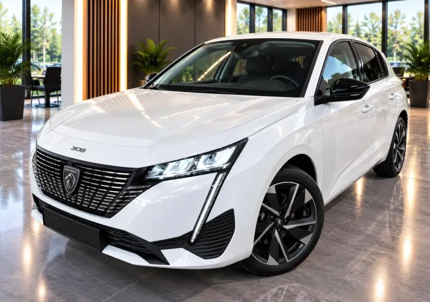 Peugeot 308 blanc okenite vue 3/4 avant droit, avec calandre noire distinctive et jantes alliage bicolores.