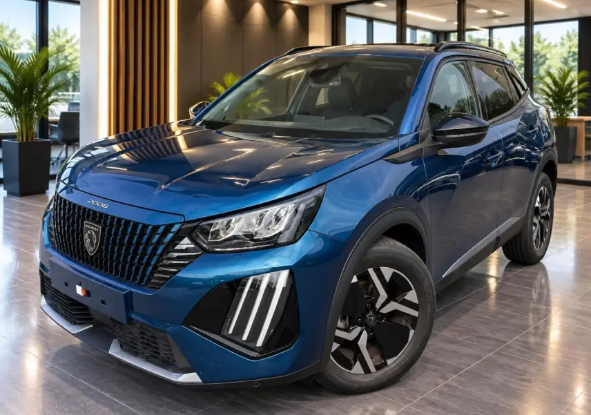 Peugeot 2008 bleu obsession en 3/4 avant droit, avec calandre noire et feux LED distinctifs, dans un showroom lumineux.