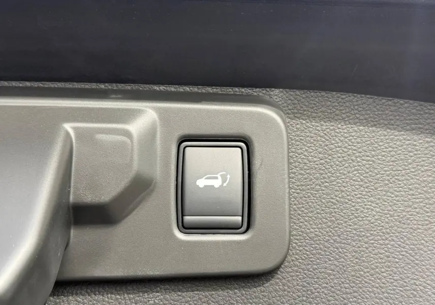 Bouton intérieur de commande d'ouverture électrique du coffre sur Renault SYMBIOZ gris, vue rapprochée du panneau de porte.