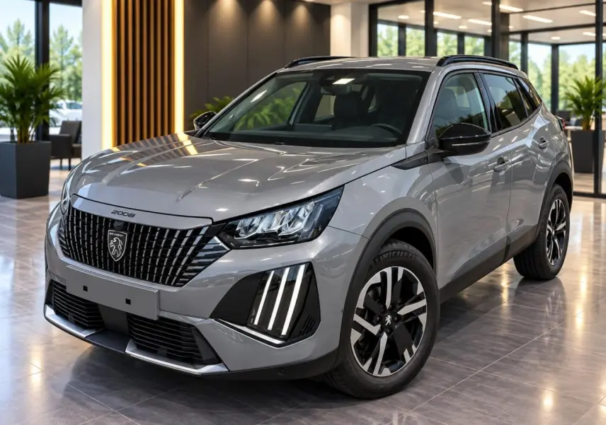 Peugeot 2008 2024 sellenium en 3/4 avant droit, avec calandre noire distinctive et feux LED verticaux.