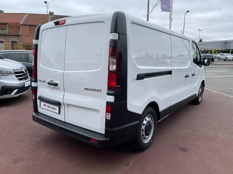 Vue 3/4 arrière droite d'un Renault Trafic Fourgon blanc Glacier avec portes arrière pleines et protections noires.