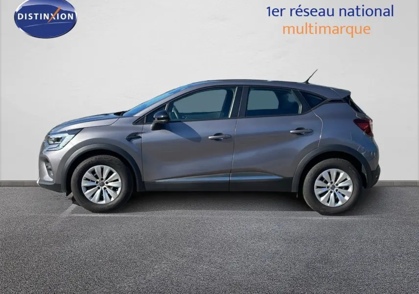 Profil côté gauche d'un Renault Captur gris cassiopée métal de 2020, version TCE 100CH Corporate Edition.