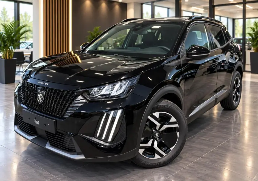Peugeot 2008 noir perla en 3/4 avant droit, avec calandre distinctive et feux LED verticaux en showroom.