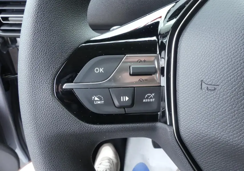 Gros plan sur les commandes à gauche du volant du Peugeot Partner gris métallisé 2025, boutons multifonctions visibles.