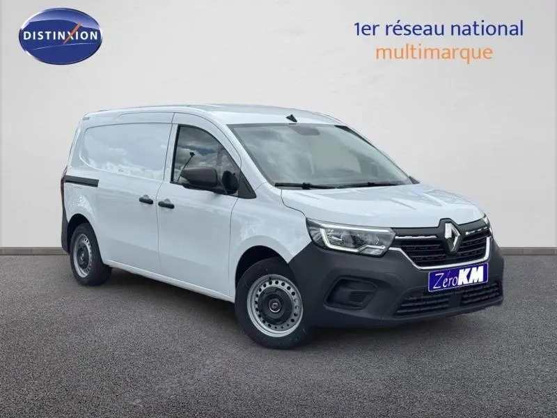 Renault Kangoo Van blanc vue 3/4 avant droit avec caisse isotherme et boucliers noirs contrastants.