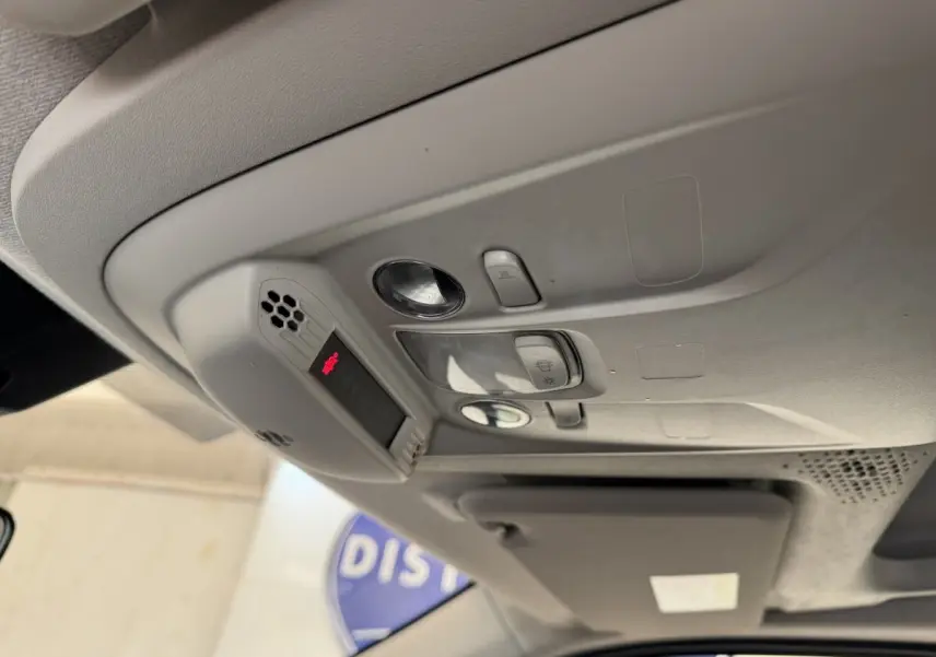Plafonnier intérieur gris clair du Peugeot Rifter 2019 avec commandes d’éclairage et alerte SOS visible.