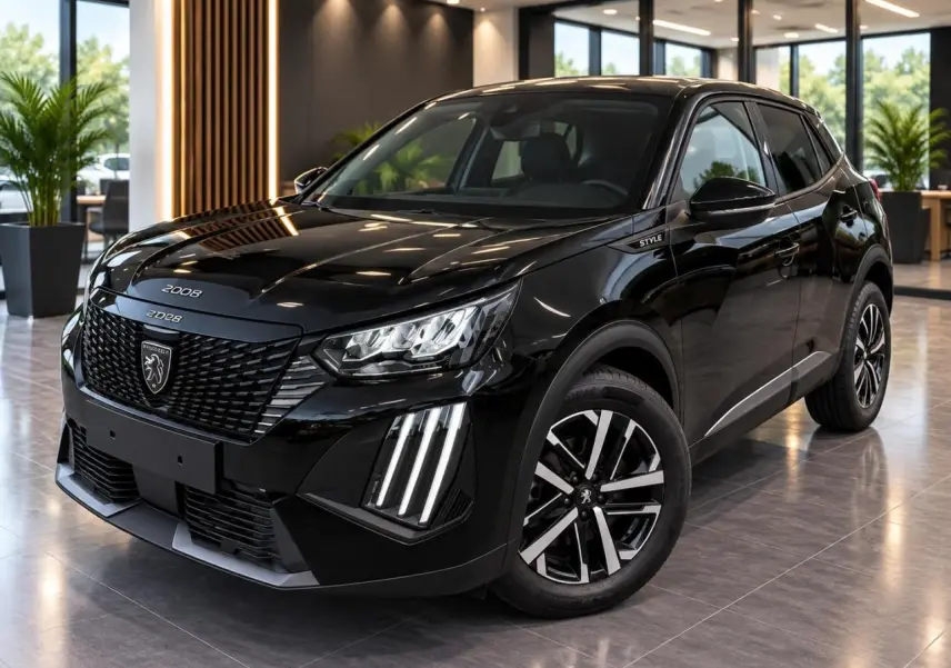 Peugeot 2008 noir perla en 3/4 avant droit, avec calandre distinctive et feux LED verticaux allumés.