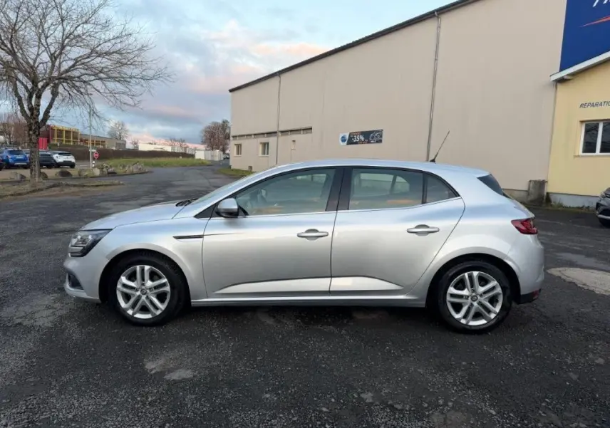 Profil côté gauche d'une Renault Mégane Business gris alu, avec jantes alliage et rétroviseurs électriques visibles.