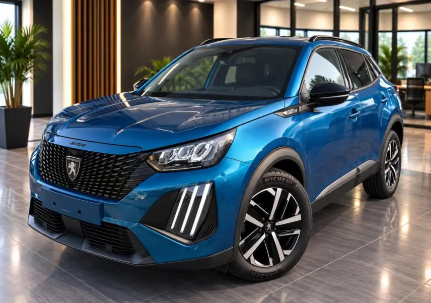 Peugeot 2008 2025 bleu obsession en 3/4 avant droit, avec calandre noire et feux LED verticaux distinctifs.