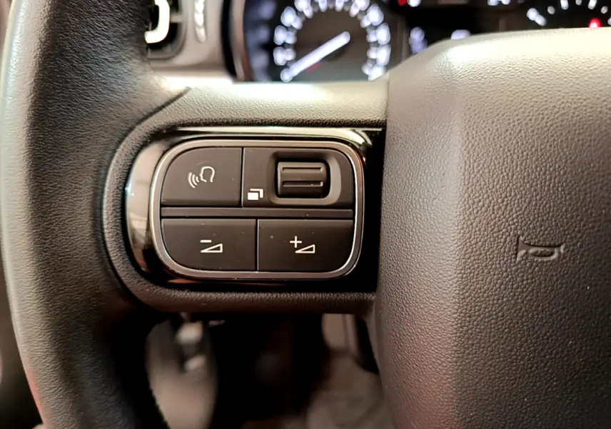 Gros plan sur les commandes gauche du volant cuir noir de la Citroën C3 Shine 2019, avec tableau de bord flou en arrière-plan.