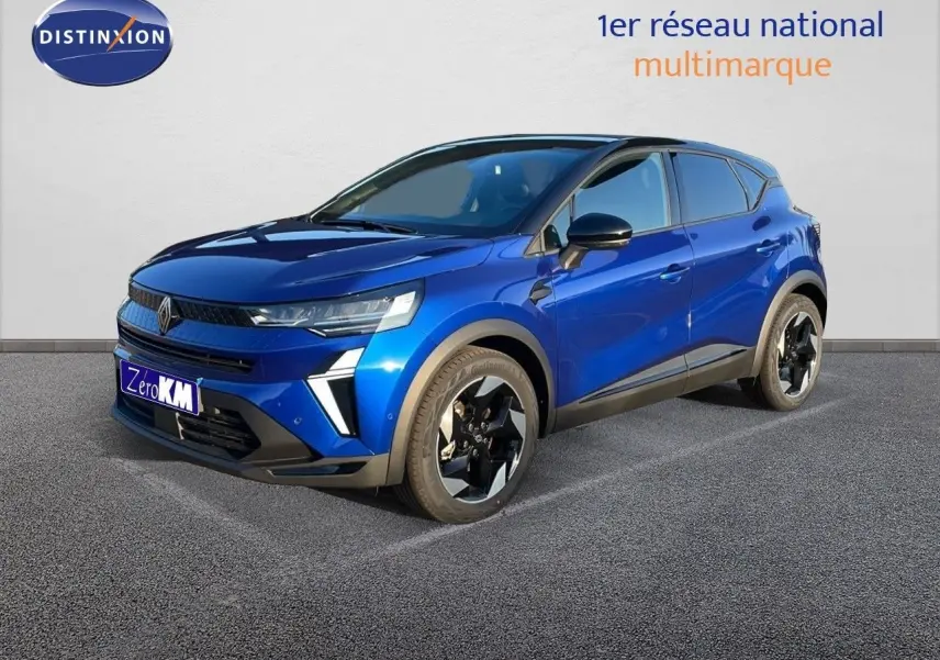 Renault Captur E-Tech hybride bleu Iron Metal avec toit noir, vu en 3/4 avant côté droit sur fond neutre.