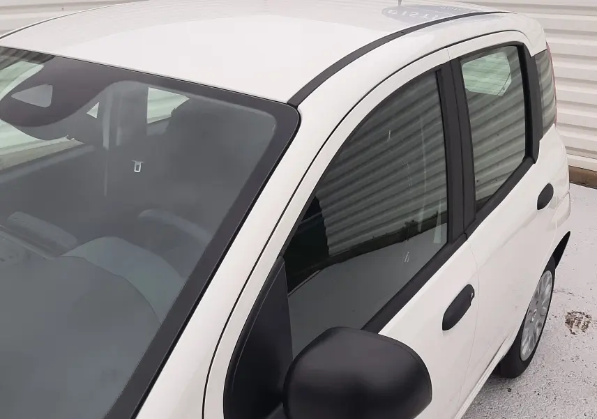Vue 3/4 avant droit d'une FIAT Panda blanche Gelato avec rétroviseur noir et vitres teintées.