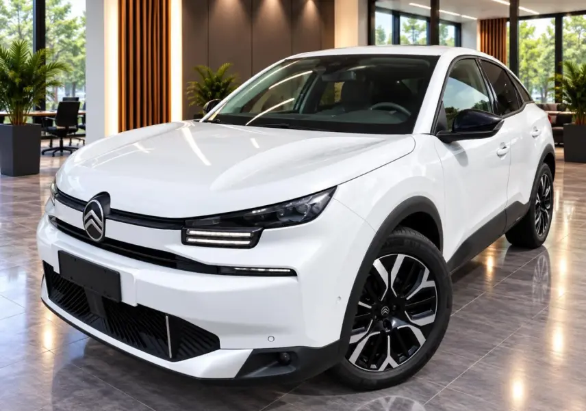 Citroën C4 blanc okenite vue 3/4 avant droit en intérieur, avec jantes noires et détails noirs contrastants.
