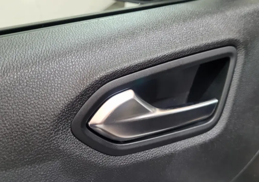 Poignée de porte intérieure côté conducteur de Renault Clio Business blanche, vue rapprochée sur la texture noire du panneau.