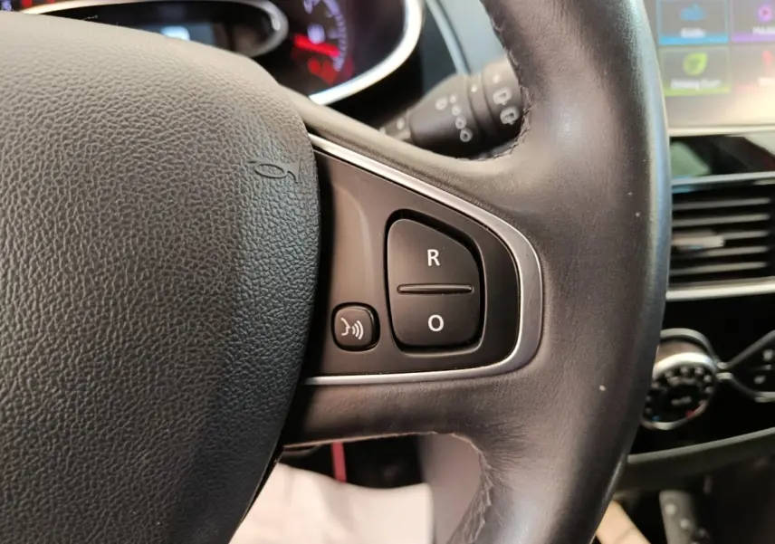 Gros plan sur le volant cuir de la Renault Clio Intens 2018 avec commandes vocales et tableau de bord partiellement visible.