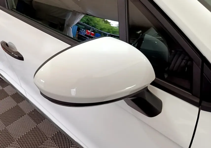 Rétroviseur côté gauche blanc de la Renault Clio Business 2021, avec poignée de porte assortie visible.