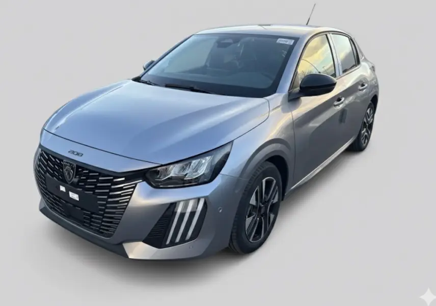Peugeot 208 Hybrid gris vue 3/4 avant droit, avec calandre noire distinctive et jantes alliage 16 pouces.