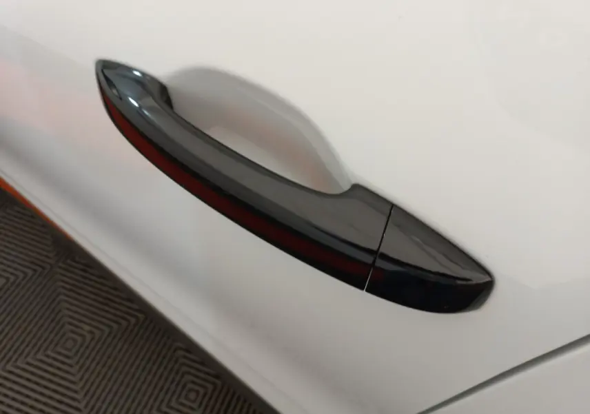 Poignée de porte noire sur la portière côté gauche d'une Renault Clio Business blanche de 2021.