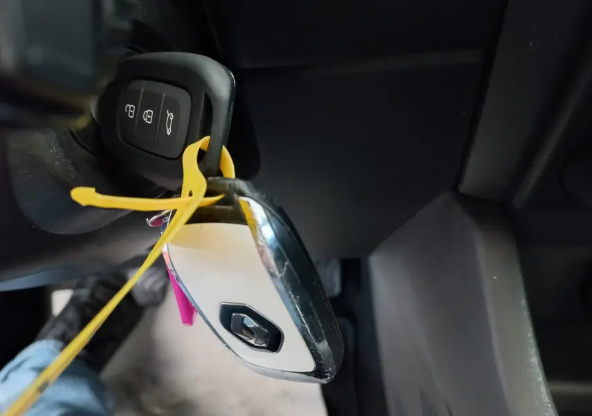 Gros plan sur la clé blanche et noire avec logo Renault accrochée au contacteur d'une Renault Clio Business 2021.