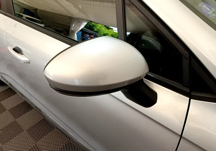 Rétroviseur côté gauche gris clair de Renault Clio Business E-Tech hybride 2021, vue rapprochée sur la portière avant.