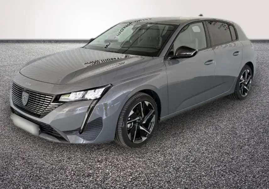 Peugeot 308 Hybrid 145 e-DCS6 Allure gris foncé vue 3/4 avant avec phares LED et jantes noires distinctives.