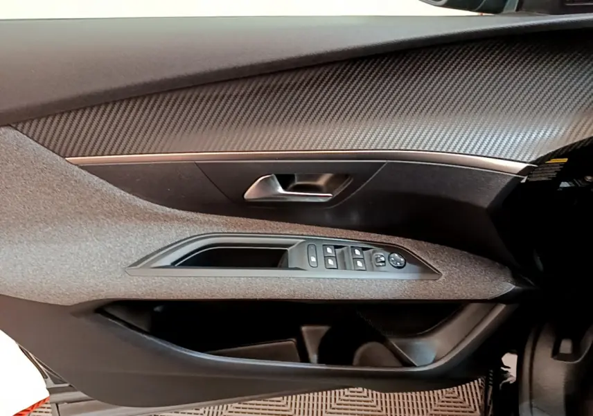 Intérieur côté gauche de la porte PEUGEOT 3008 2019 noir, avec commandes vitres et poignée argentée.