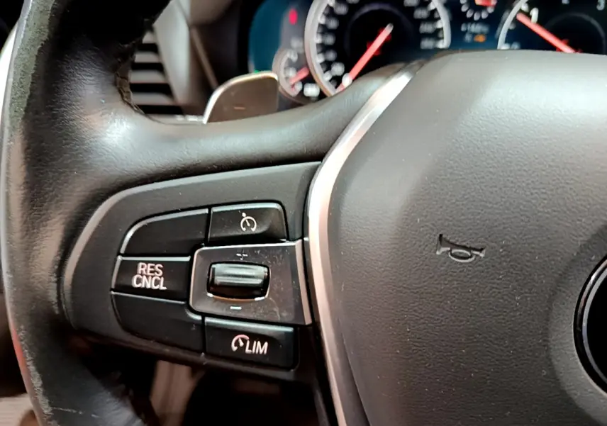 Gros plan sur le volant cuir noir du BMW X3 2019, avec commandes de régulateur de vitesse visibles côté gauche.