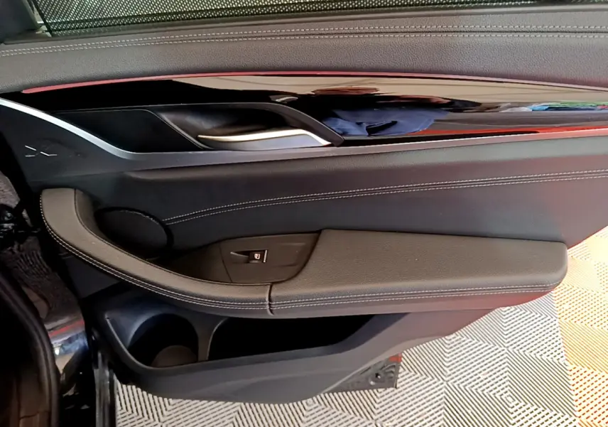 Vue intérieure côté gauche de la porte noire du BMW X3 xDrive20d 2019 avec garniture cuir et poignée argentée.