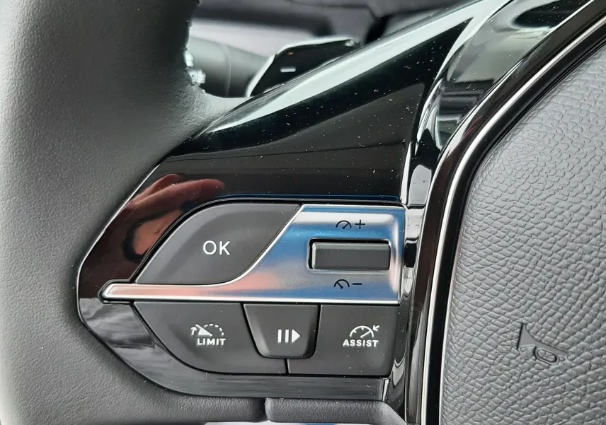 Gros plan sur les commandes gauche du volant cuir noir du Peugeot Rifter gris acier, avec boutons de régulateur et limiteur.