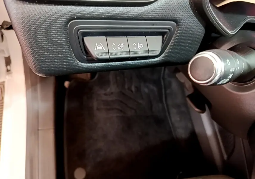 Vue intérieure côté conducteur de la Renault Clio Business Blue dCi 85 2020, montrant les commandes d'assistance et la commande d'éclairage.