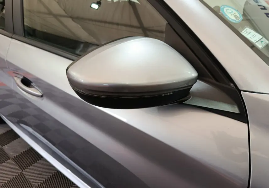 Rétroviseur côté gauche gris clair de la Peugeot 208 Electrique Active Business 2020 avec poignée de porte visible.