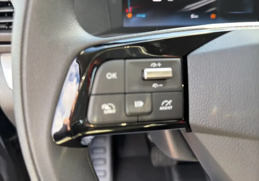 Gros plan sur les commandes multifonctions à gauche du volant du Citroën Jumpy gris foncé, intérieur cabine.