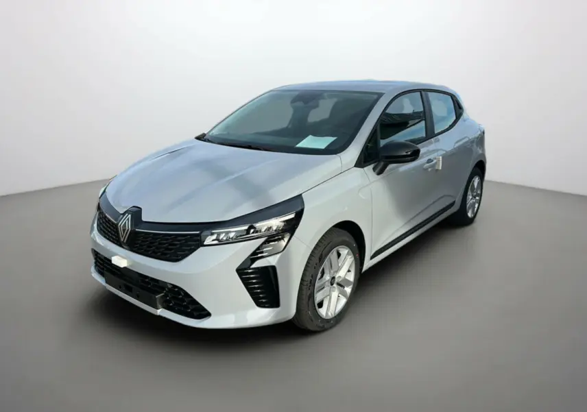 Renault Clio DCI 100 Evolution gris rafale, vue 3/4 avant droit avec feux full LED et calandre noire.
