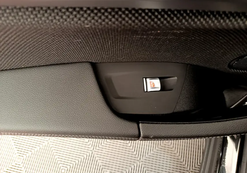 Détail de la poignée intérieure noire côté conducteur du BMW X3 xDrive20d 2020 avec bouton de verrouillage centralisé.